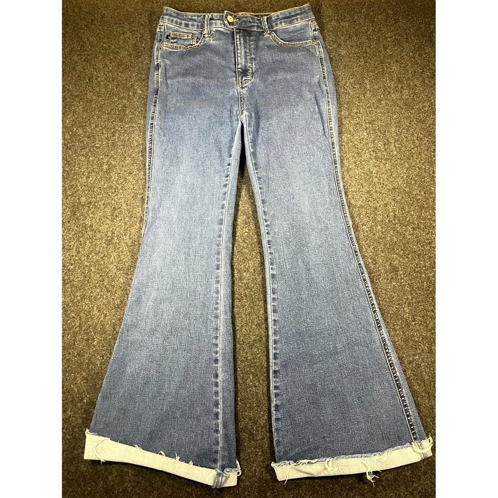 Judy Blue Flare Jeans Womens 11/30 Blue Denim Cotton Stretch High Rise Raw‎ Hem